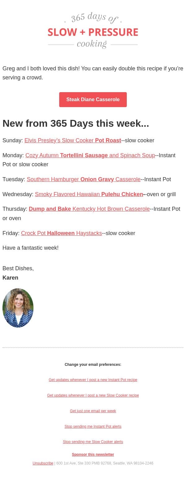Slow Cooked Steak Diane Casserole email from 365 Days of Slow Cooking screenshot