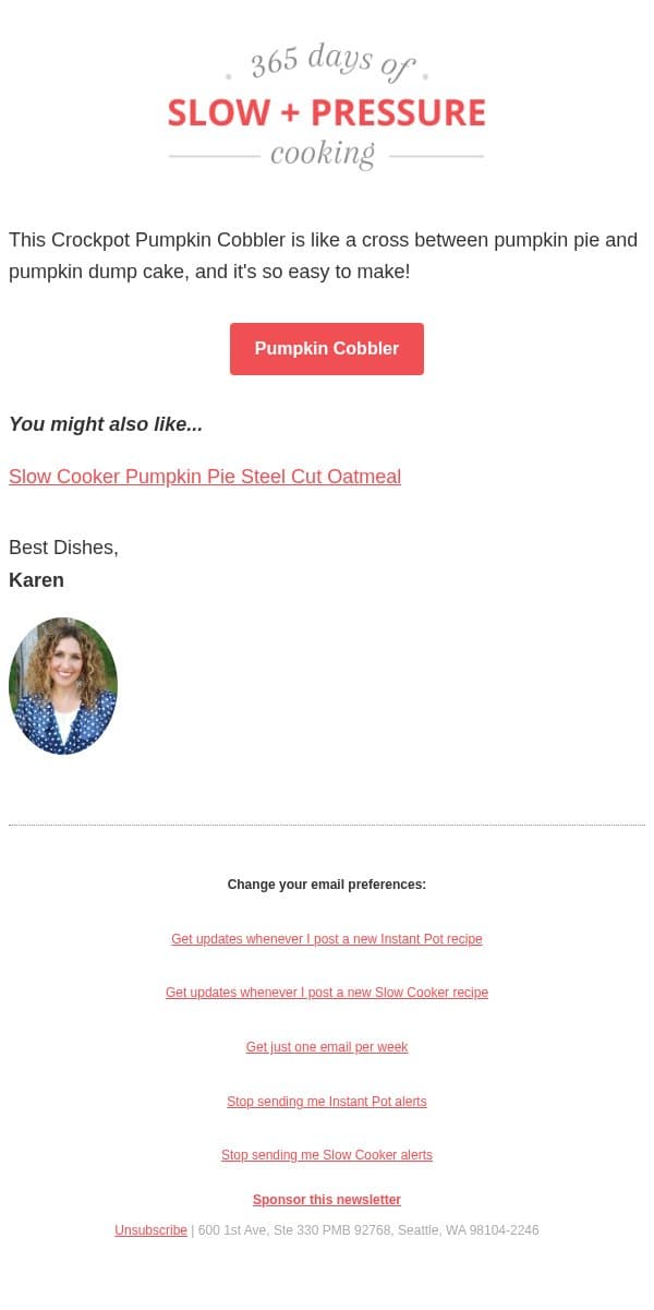 Never Disappoints Crock Pot Pumpkin Cobbler email from 365 Days of Slow Cooking screenshot