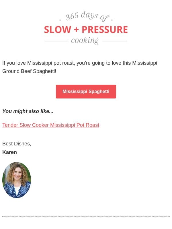 Mississippi Ground Beef Spaghetti email from 365 Days of Slow Cooking