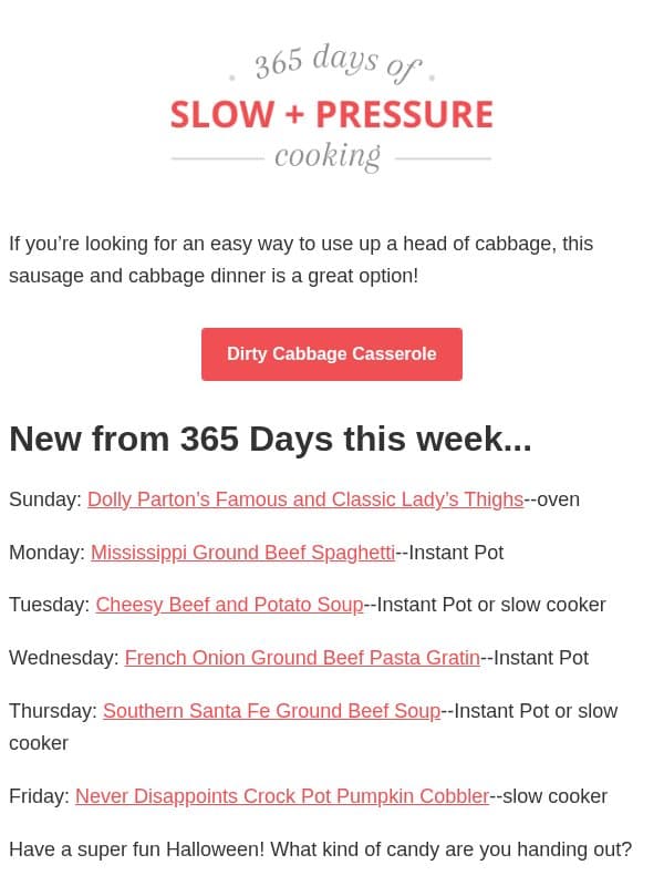 Creamy Cheesy Dirty Cabbage Casserole email from 365 Days of Slow Cooking