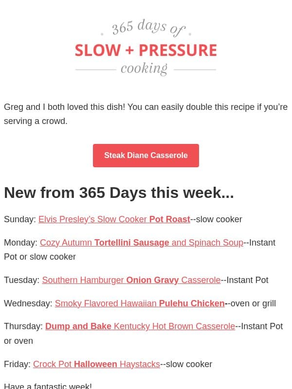 Slow Cooked Steak Diane Casserole email from 365 Days of Slow Cooking