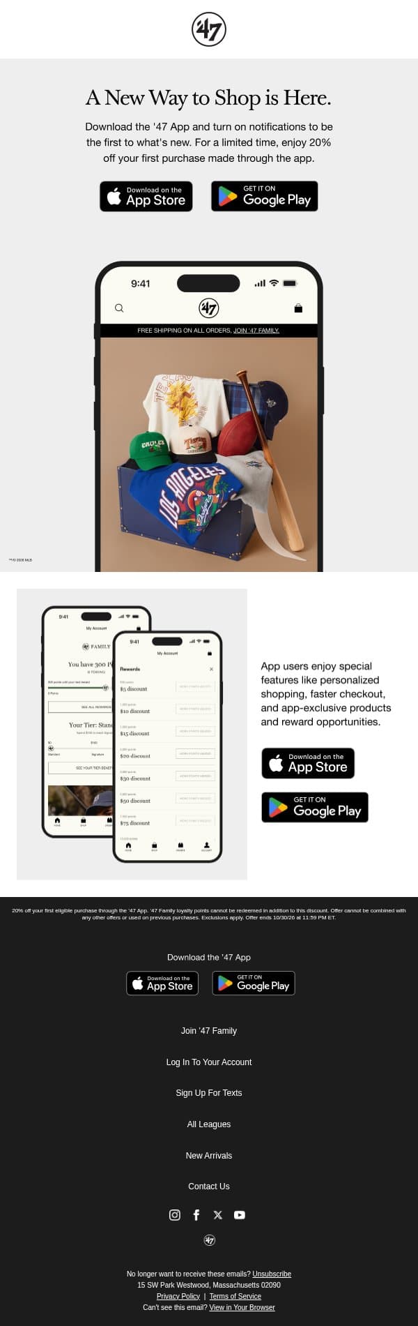 Today's Lineup: Sports Equinox + 20% Off App email from '47 Brand screenshot