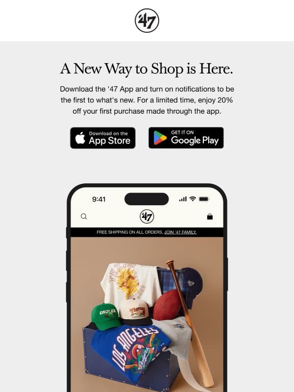 Today's Lineup: Sports Equinox + 20% Off App email from '47 Brand