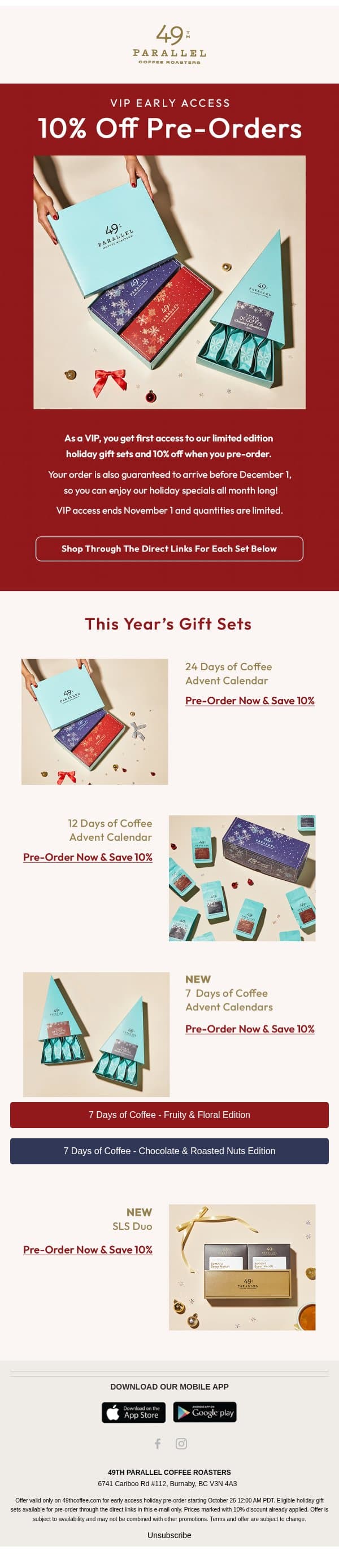 By Invite Only: 10% Off Holiday Pre-Orders email from 49th Parallel Coffee Roasters screenshot
