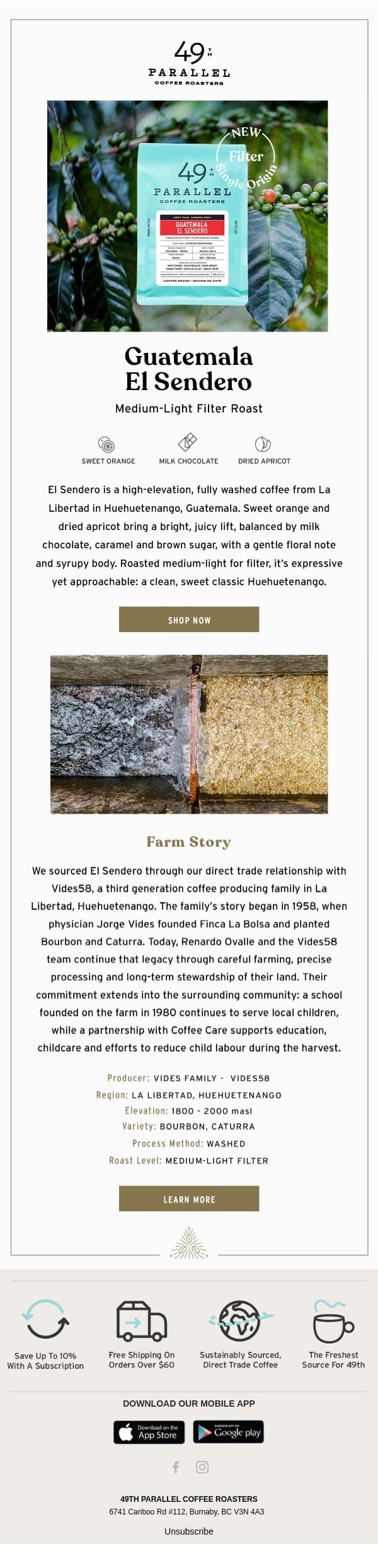 New Single Origin: Guatemala El Sendero email from 49th Parallel Coffee Roasters screenshot