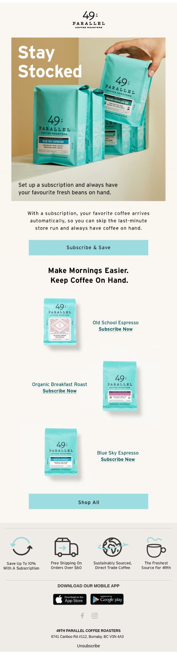Subscribe & Save 10% on Your Favourite Coffee email from 49th Parallel Coffee Roasters screenshot