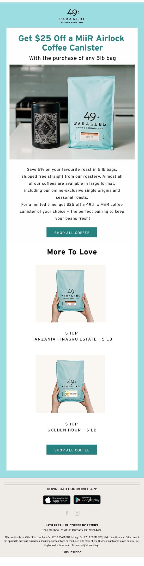 $25 Off a 49th x MiiR Coffee Canister email from 49th Parallel Coffee Roasters screenshot