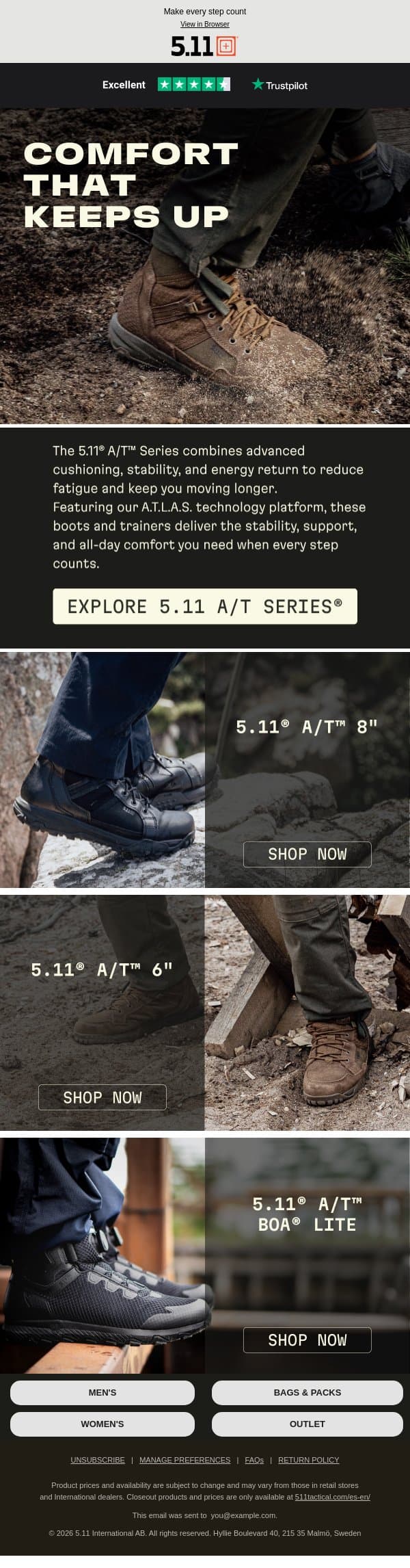 Comfort that keeps up. Meet the 5.11 A/T Series. email from 5.11 Tactical screenshot