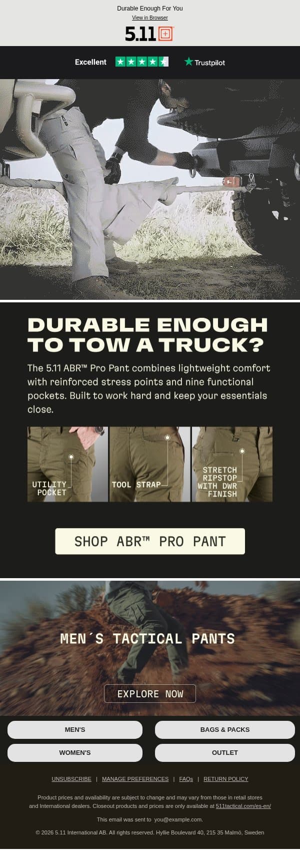Durable Enough to Tow a Truck? email from 5.11 Tactical screenshot