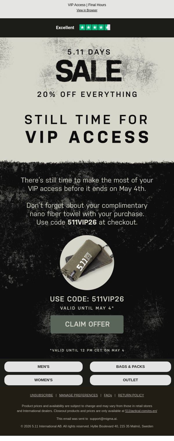 Still Time: Your VIP Access Ends Soon email from 5.11 Tactical screenshot