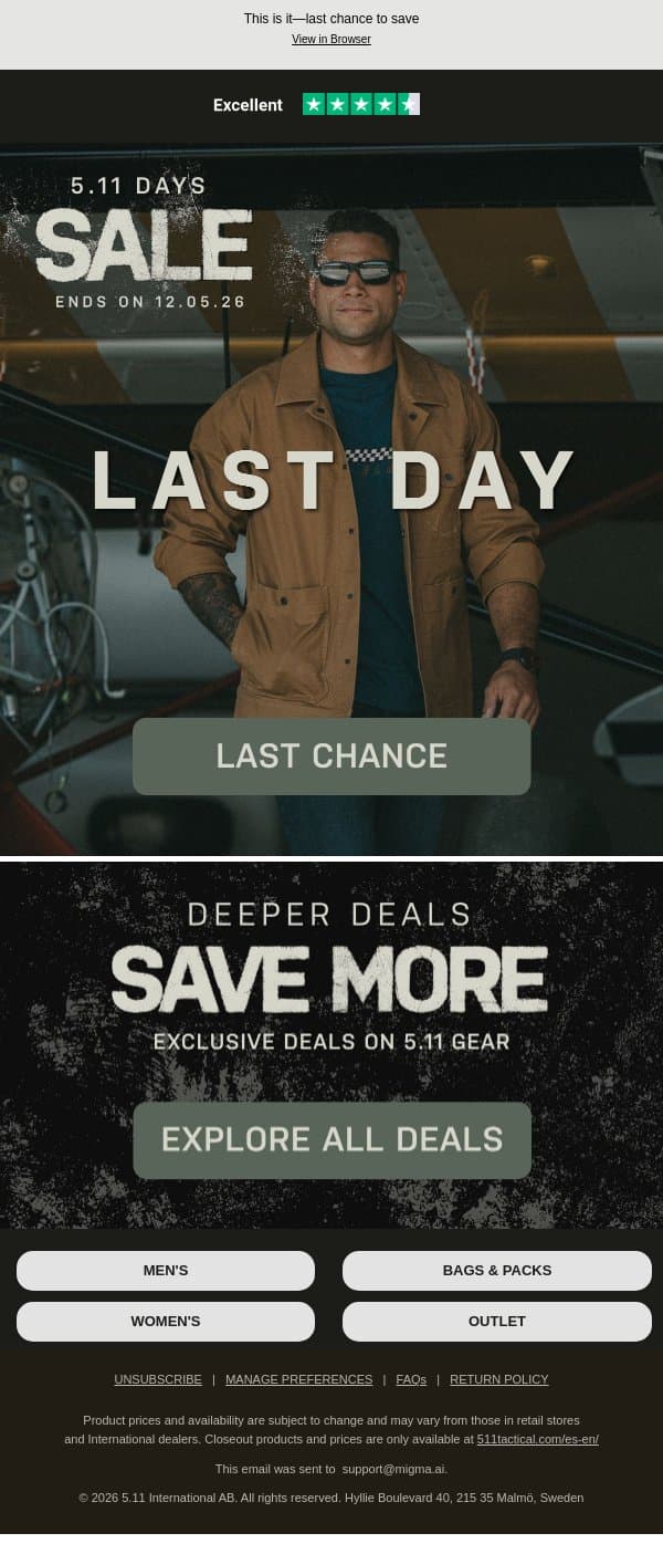 Last Day. Last Chance. email from 5.11 Tactical screenshot