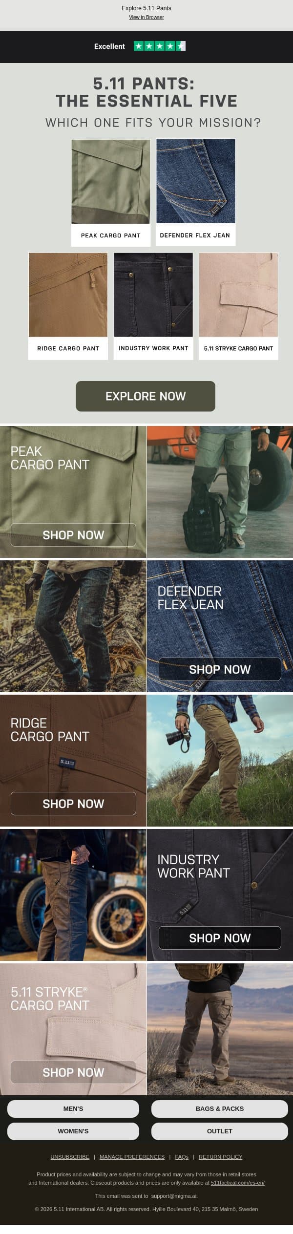 5 Pants. 5 Missions. Find Your Fit. email from 5.11 Tactical screenshot