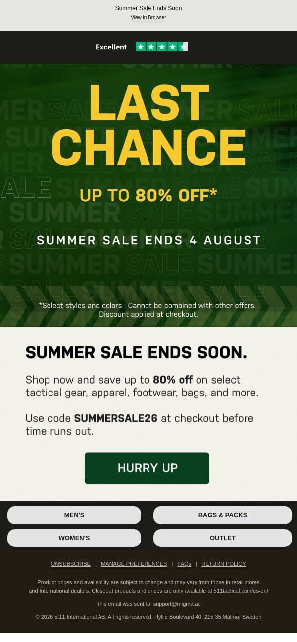 Last Chance to Save Up to 80% email from 5.11 Tactical screenshot