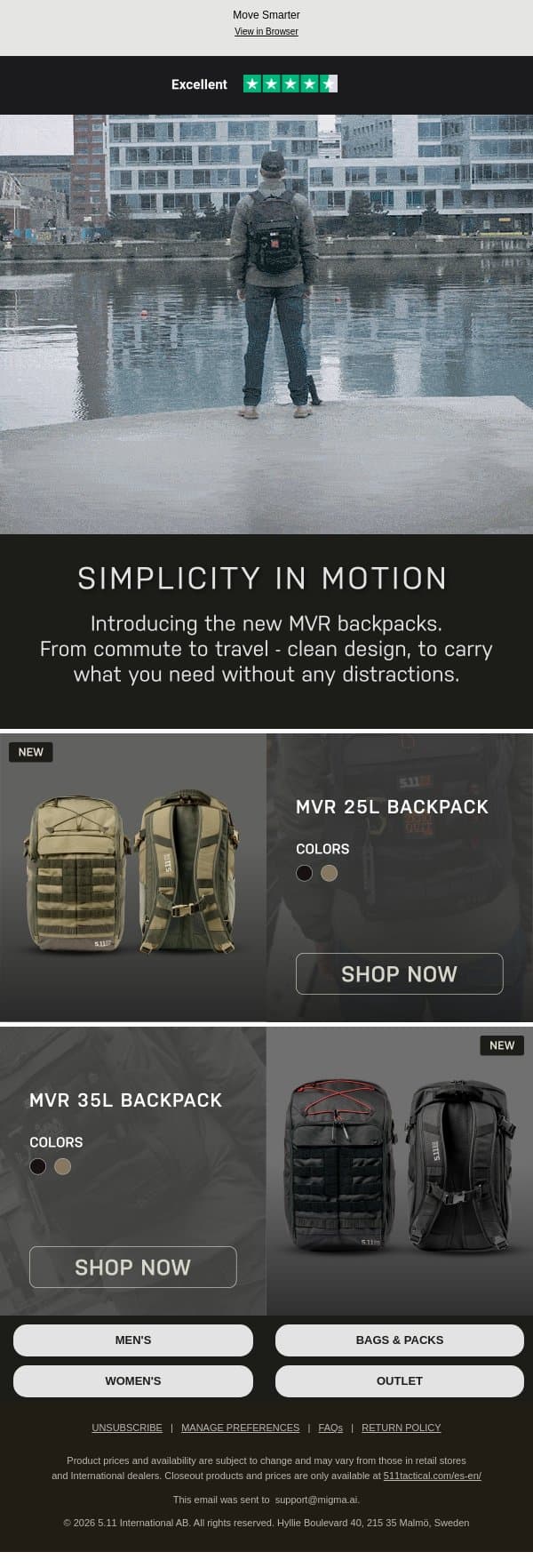 Simplicity in Motion: Meet the MVR Backpack email from 5.11 Tactical screenshot