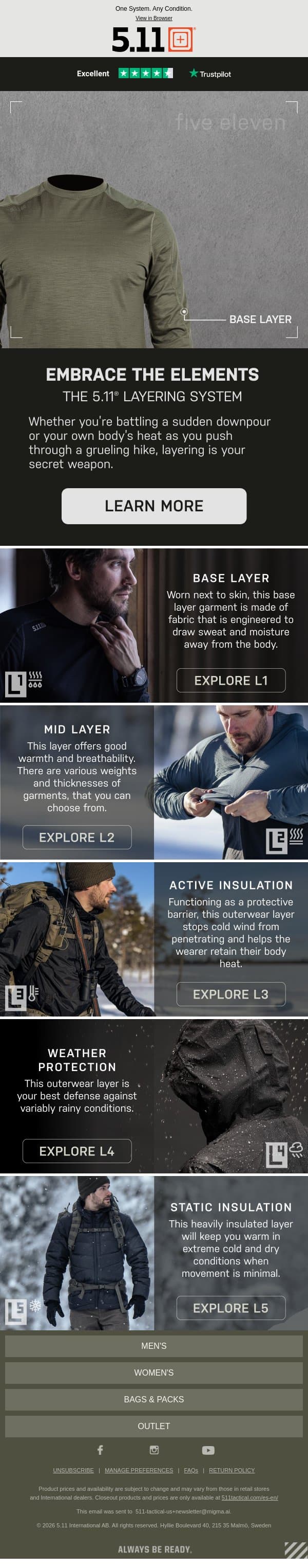 Embrace the Elements with the 5.11® Layering System email from 5.11 Tactical screenshot