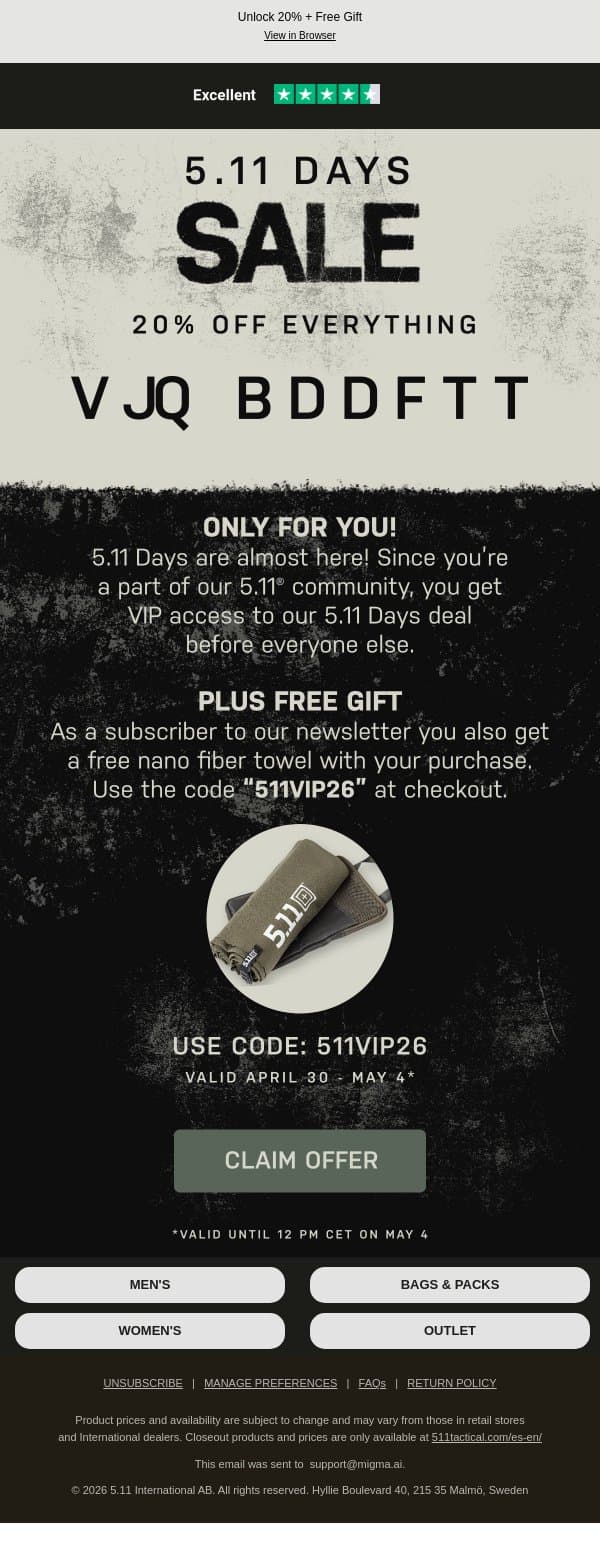 VIP Access: 20% Off Everything Starts Now email from 5.11 Tactical screenshot