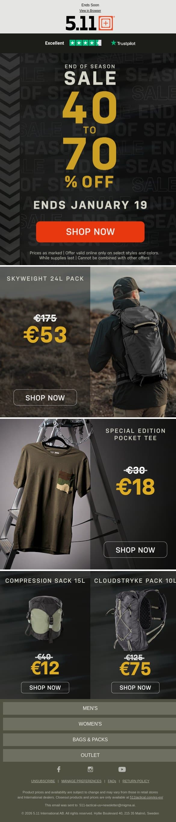 Ending Soon: Up to 70% Off email from 5.11 Tactical screenshot