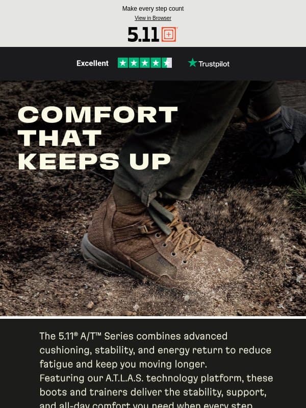 Comfort that keeps up. Meet the 5.11 A/T Series. email from 5.11 Tactical