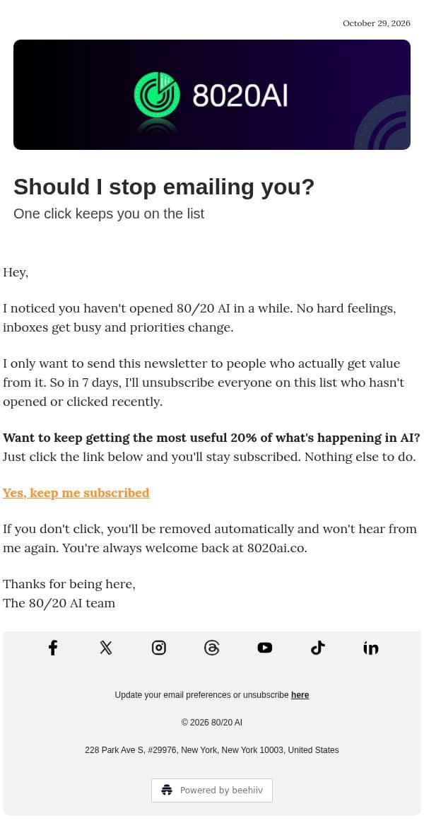Should I stop emailing you? email from 8020 AI screenshot