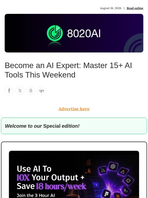 Become an AI Expert: Master 15+ AI Tools This Weekend email from 8020 AI