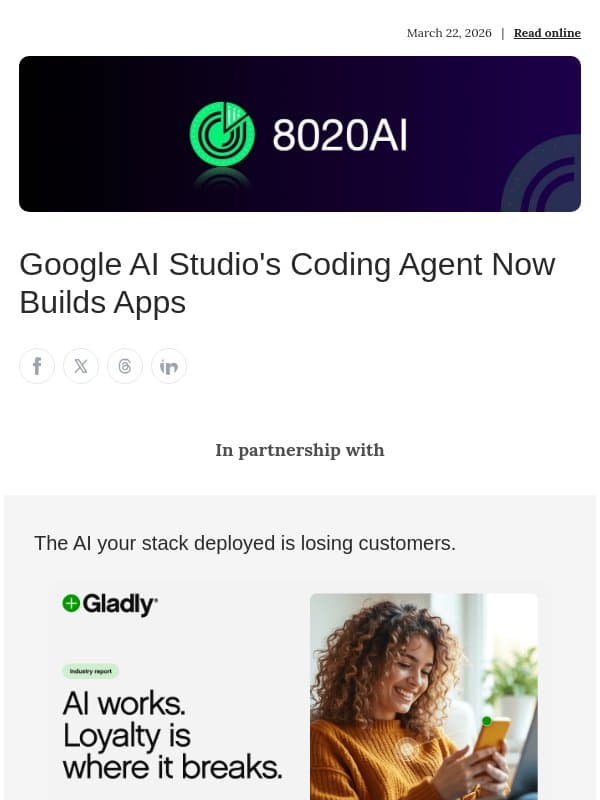 Google AI Studio's Coding Agent Now Builds Apps email from 8020 AI