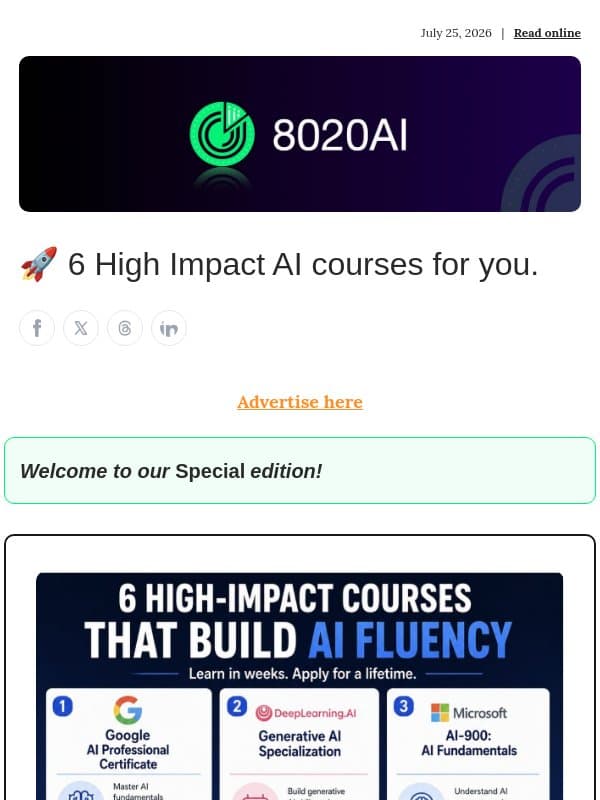 🚀 6 High Impact AI courses for you. email from 8020 AI