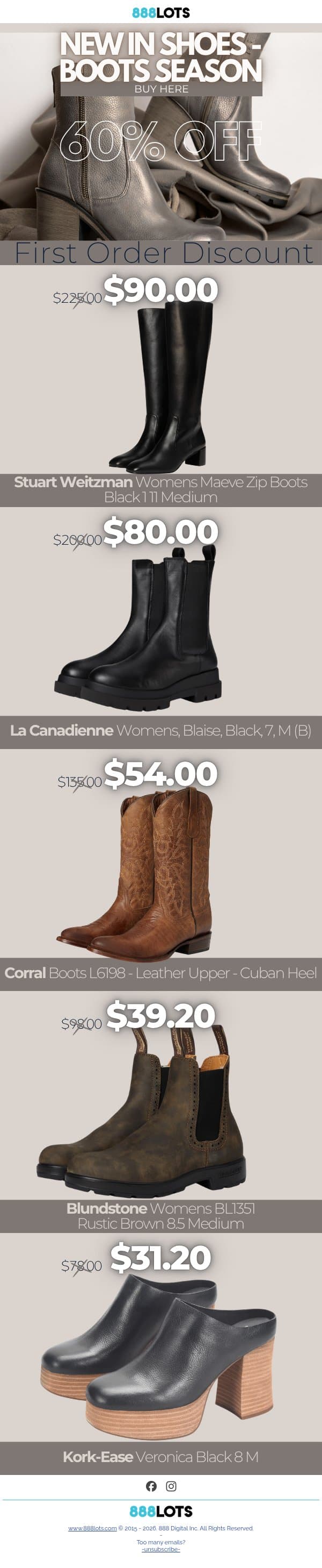 60% First Order Discount: NEW in SHOES - Boots Season. All Top & High Quality Brands - Always Best Wholesale Prices. email from 888 Lots screenshot