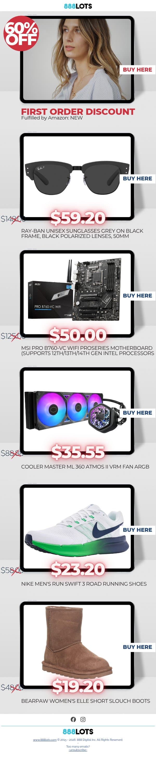 60% OFF FIRST ORDER DISCOUNT. Fulfilled by Amazon: NEW. High Quality Brands & Always Best Wholesale Prices. email from 888 Lots screenshot
