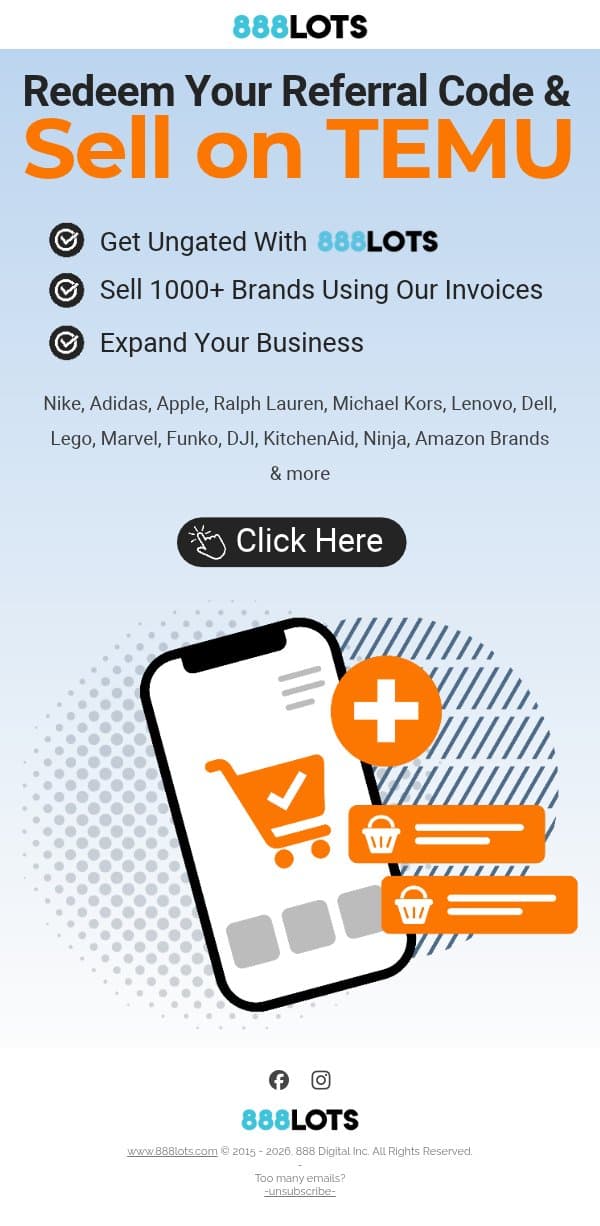Get UNGATED on TEMU & Start Selling Today With 888Lots! email from 888 Lots screenshot