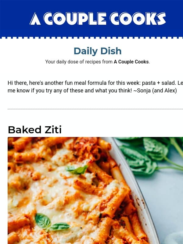 π Easy pasta + salad favorites for any night email from A Couple Cooks