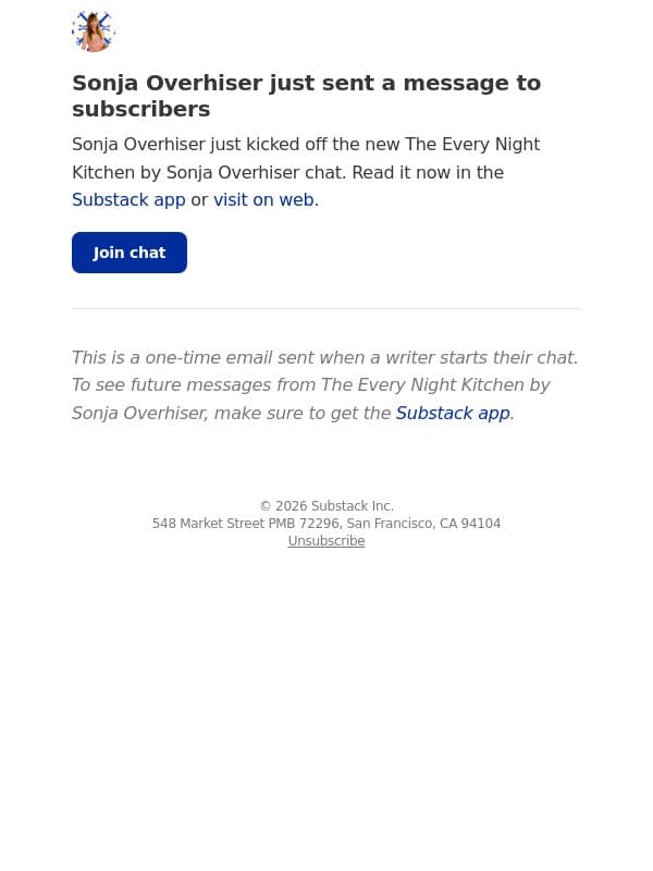 💬 New message from Sonja Overhiser email from A Couple Cooks