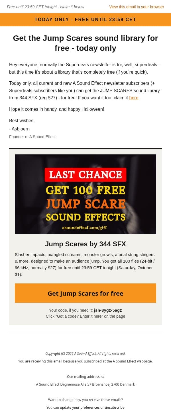 π Today only: Get the Jump Scares sound library for free (reg $27) email from A Sound Effect screenshot