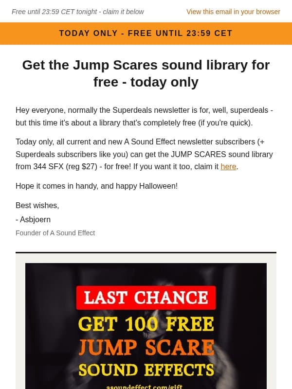 🎃 Today only: Get the Jump Scares sound library for free (reg $27) email from A Sound Effect