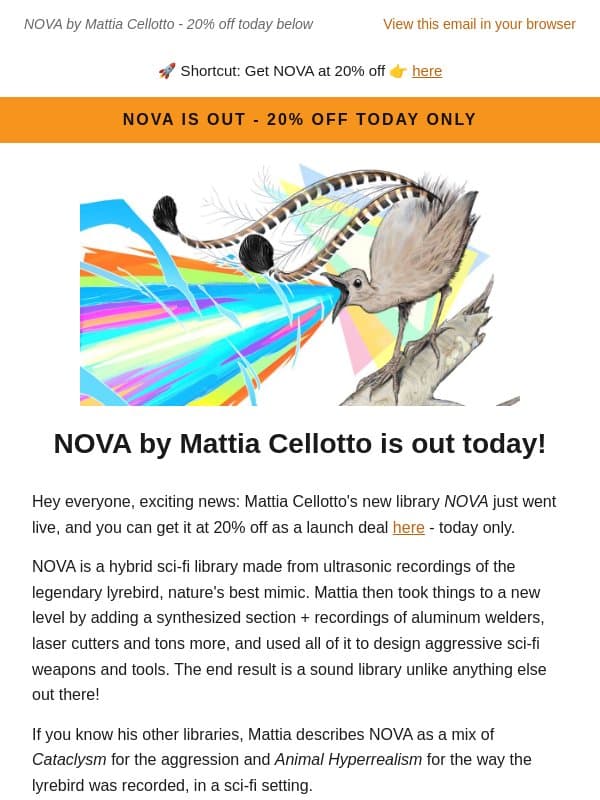 π₯ NOVA by Mattia Cellotto is out - save 20% on it, today only! email from A Sound Effect