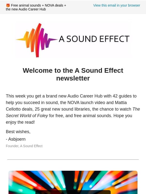 💡 The Audio Career Hub is live! | 📺 Foley: Watch two great documentaries | 🦁 Get free animal sounds & more email from A Sound Effect