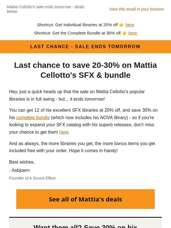 ⏰ Last chance to save 20-30% on Mattia Cellotto's superb SFX email from A Sound Effect