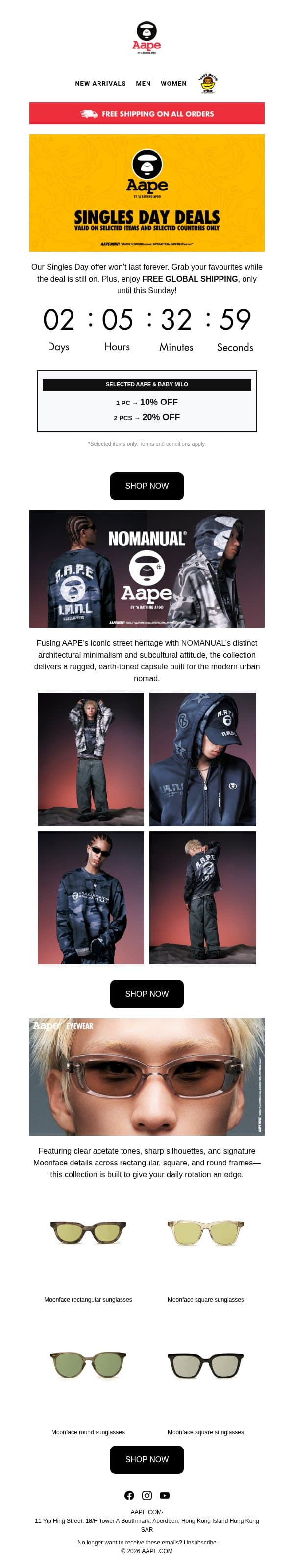 ⏰ Ending Soon: Singles Day Deals + Free Global Shipping! email from Aape screenshot