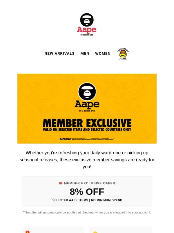 🎟️ Member Exclusive Offer: 8% OFF Just For You email from Aape