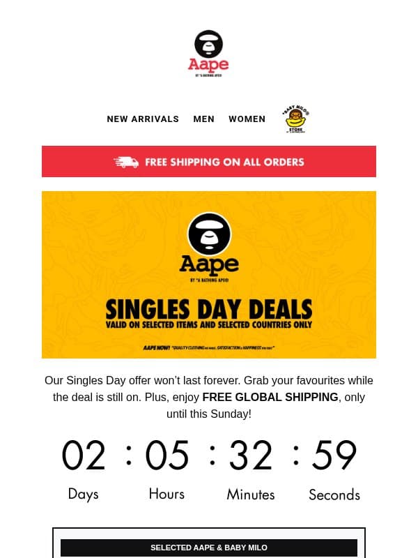 ⏰ Ending Soon: Singles Day Deals + Free Global Shipping! email from Aape