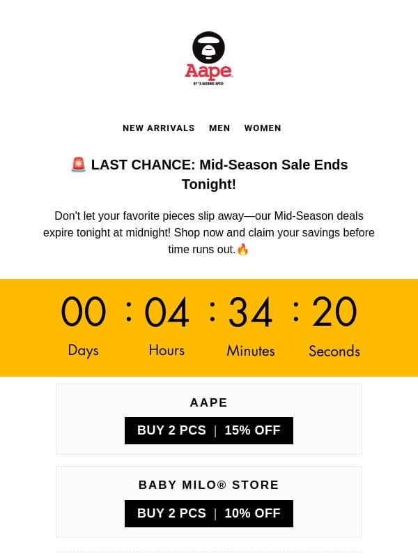🚨 Final Call: Mid Season Offer Ends at Midnight! email from Aape