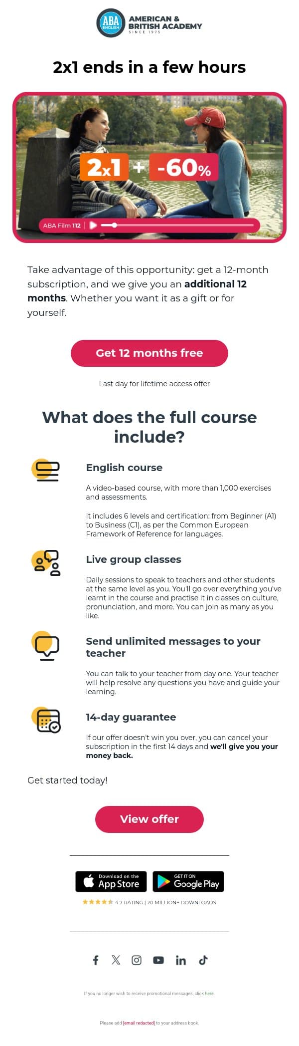 Last hours to get 12 months of free English ⏱ email from ABA English screenshot