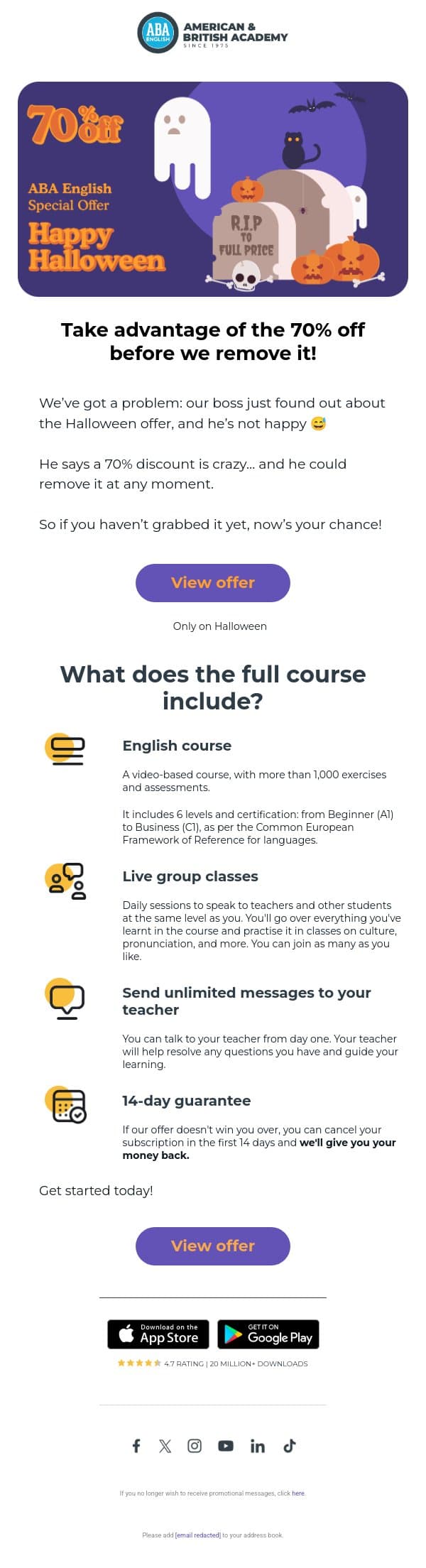 š¬ The boss wants to cancel the discount⦠Run! email from ABA English screenshot