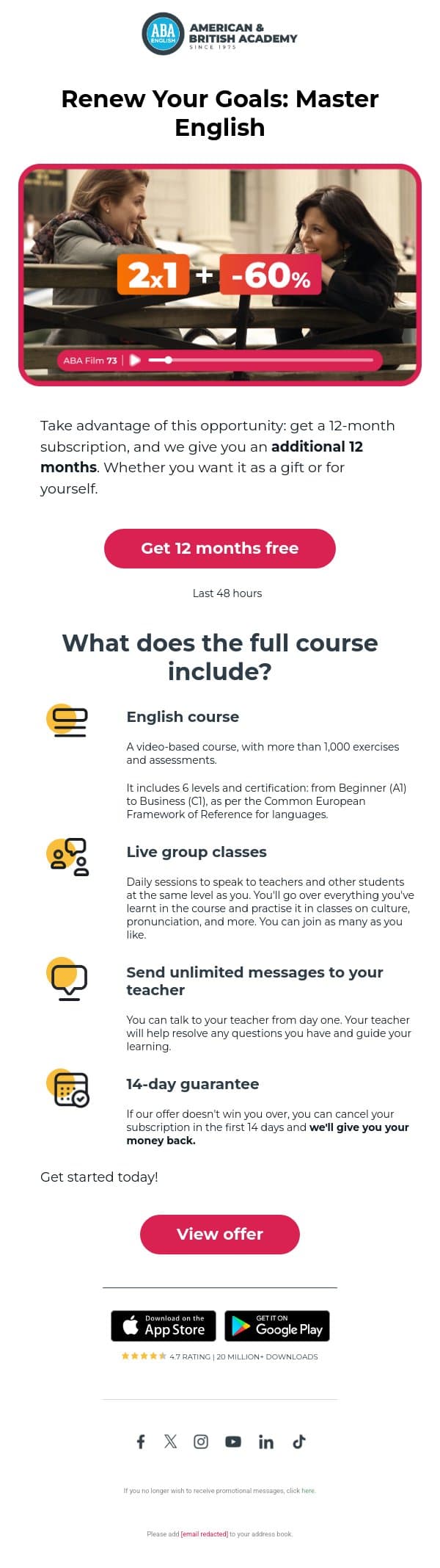 adam, you won't be able to resist this offer! šÆ email from ABA English screenshot