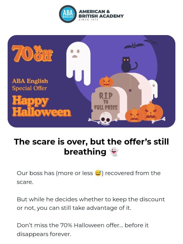 😱 The boss survived the scare… but the offer is still alive! email from ABA English