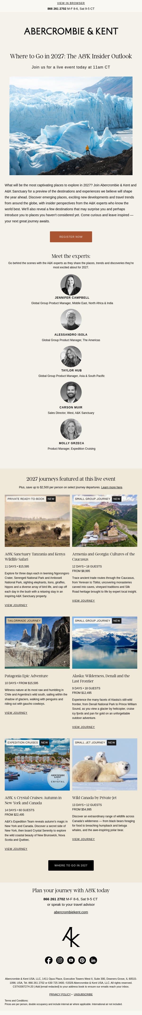 Live today, 11am CT: Where to go in 2027 email from Abercrombie & Kent screenshot