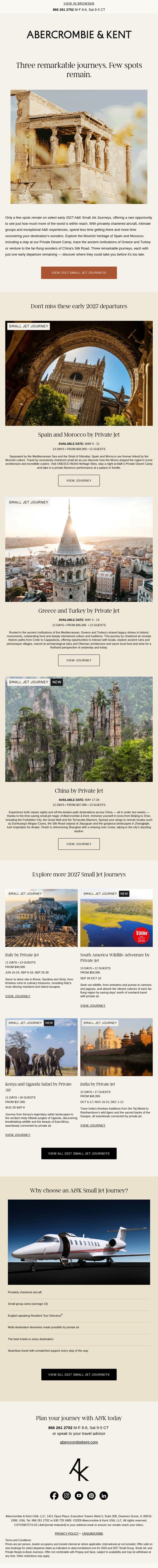 LIMITED AVAILABILITY: Early 2027 Small Jet Journeys email from Abercrombie & Kent screenshot