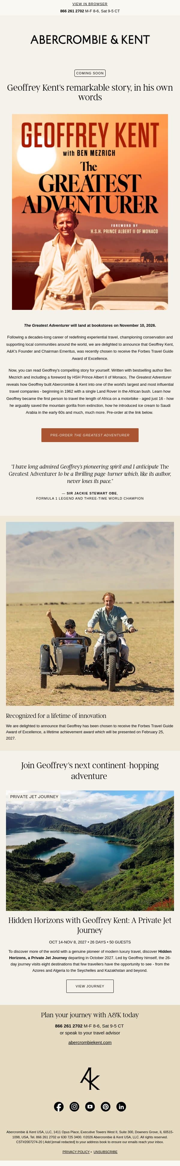 The Greatest Adventurer: Geoffrey Kent's memoir, out November 10 email from Abercrombie & Kent screenshot