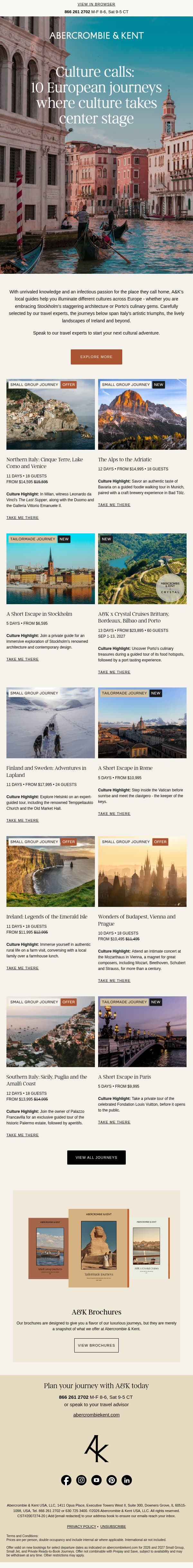 10 European journeys for culture connoisseurs email from Abercrombie & Kent screenshot