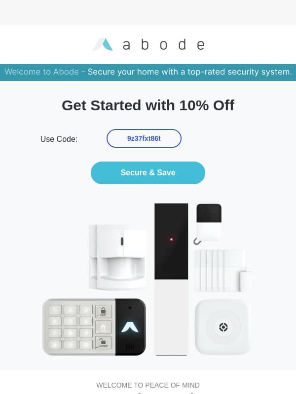 Welcome to Abode – 10% Off Your Journey to Peace of Mind email from Abode