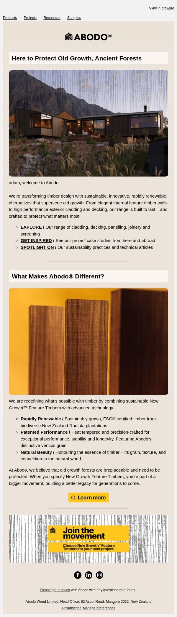 Thanks for Joining: Let Us Introduce Ourselves email from Abodo Wood screenshot